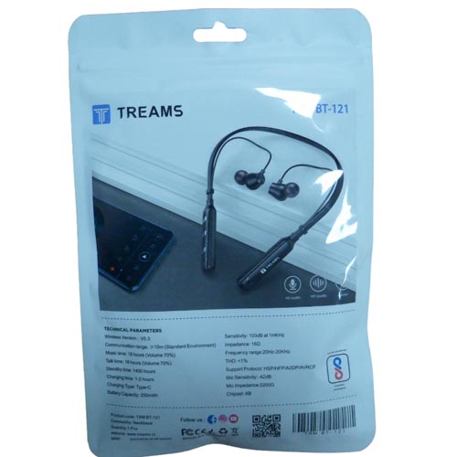 TReams Neck-Band  Wireless Headphone TRM BT-121 Long time Battery 18 Hours Music Play Time Bluetooth Headset  (Black, In the Ear)